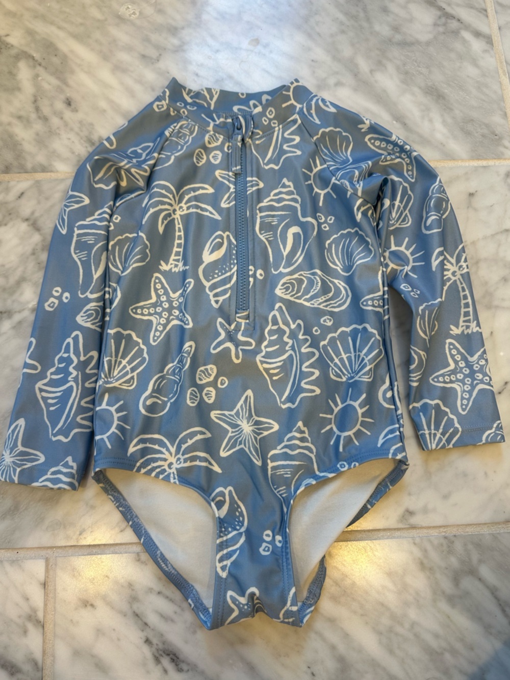 H&M Blue One-Piece Kids Swim Suit with White Seashell Print